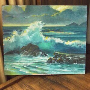Vintage oil painting on board R. Farmer, 1970 - 12"x10" (#EV1937)